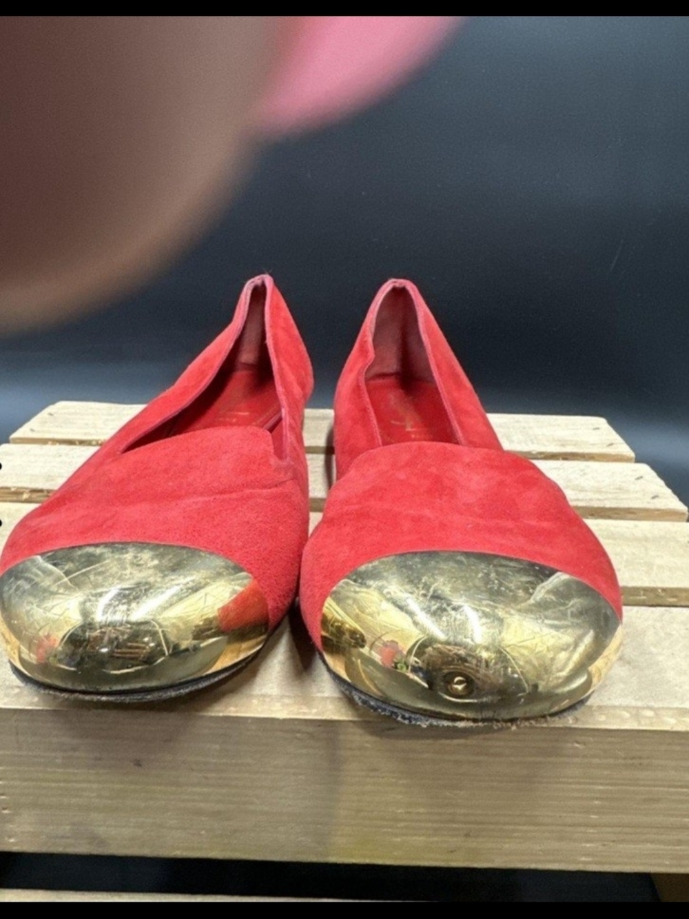 Yves Saint Laurent Red Suede Flats with Gold Toe Caps size 40/10US.